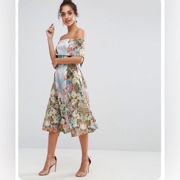 ASOS Dresses & Skirts - ASOS Gold Pastels Baroque Garden Pleated Off Shoulder Barot Dress